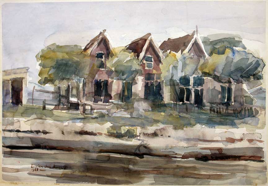 Watercolor - river Oude Maas and houses along Balkengat in Zwijndrecht - painting by Lucien den Arend.