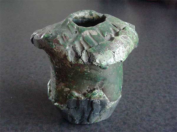 raku slab pot with lead glaze and copper oxide - reduced