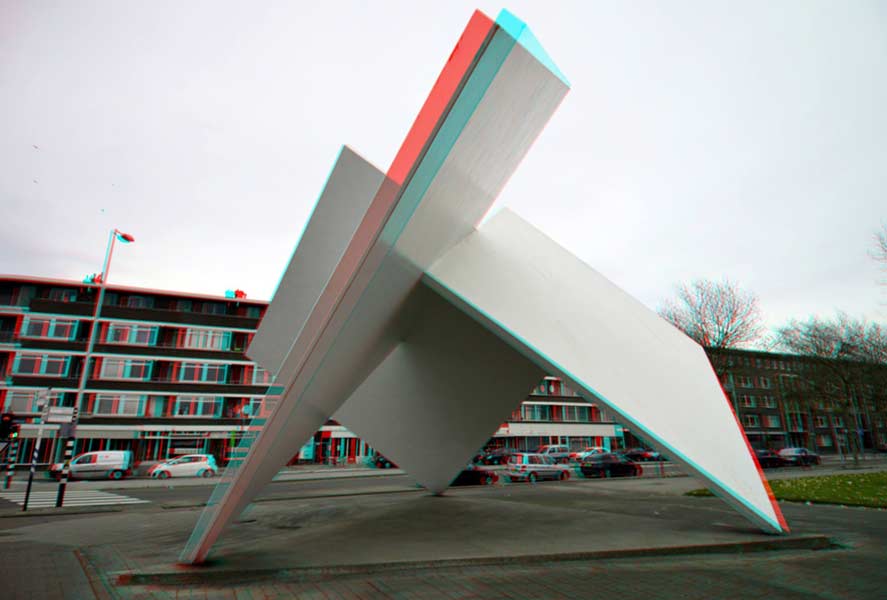 Homage to Oud and van Doesburg, Marconiplein, Rotterdam - anaglyph photo.